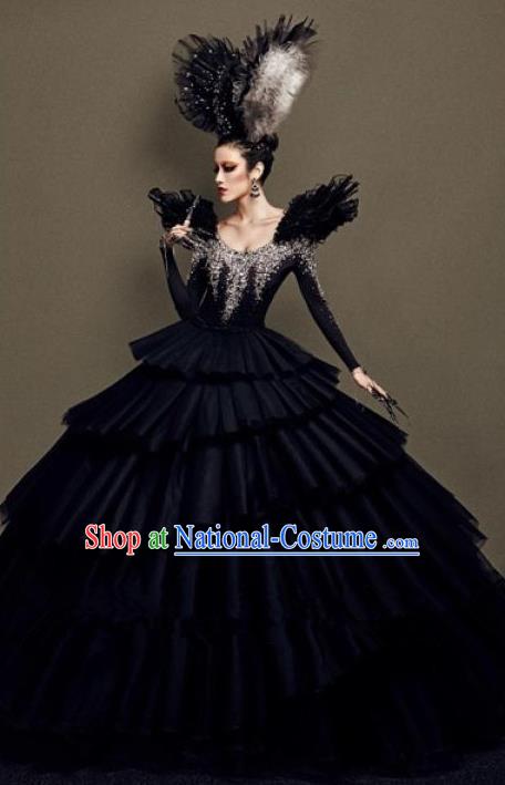 Handmade Modern Fancywork Cosplay Queen Black Veil Full Dress Halloween Stage Show Fancy Ball Costume for Women