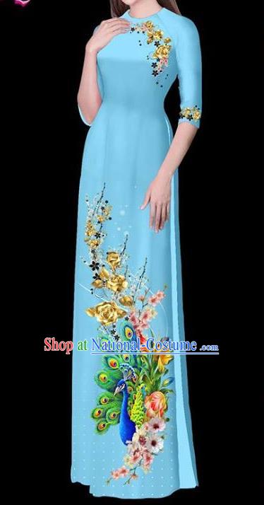 Vietnam Traditional Court Costume Printing Peacock Blue Ao Dai Dress Asian Vietnamese Cheongsam for Women