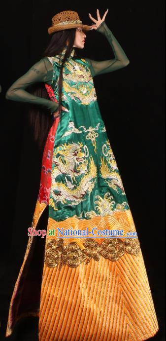 Chinese National Cheongsam Costume Traditional Tang Suit Green Brocade Qipao Dress for Women