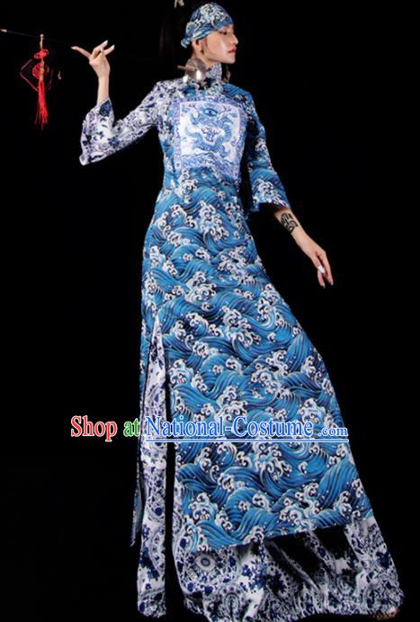 Chinese National Cheongsam Costume Traditional Tang Suit Blue Brocade Qipao Dress for Women