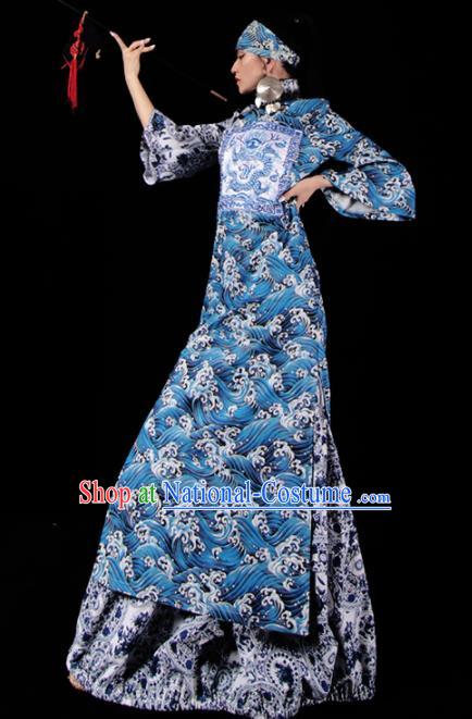 Chinese National Cheongsam Costume Traditional Tang Suit Blue Brocade Qipao Dress for Women