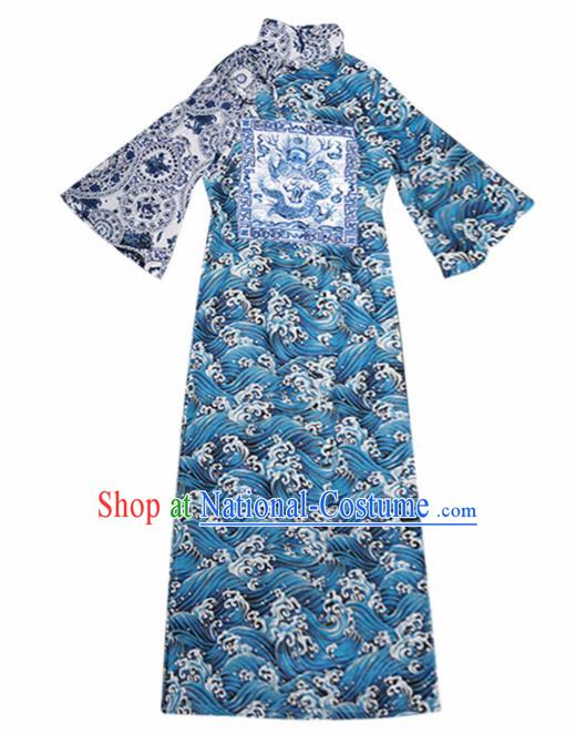 Chinese National Cheongsam Costume Traditional Tang Suit Blue Brocade Qipao Dress for Women