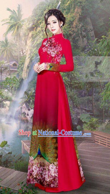 Vietnam Traditional Court Costume Printing Peacock Red Ao Dai Dress Asian Vietnamese Cheongsam for Women