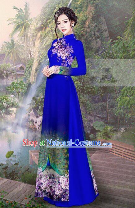 Vietnam Traditional Court Costume Printing Peacock Royalblue Ao Dai Dress Asian Vietnamese Cheongsam for Women