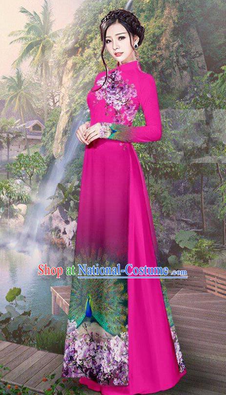 Vietnam Traditional Court Costume Printing Peacock Rosy Ao Dai Dress Asian Vietnamese Cheongsam for Women