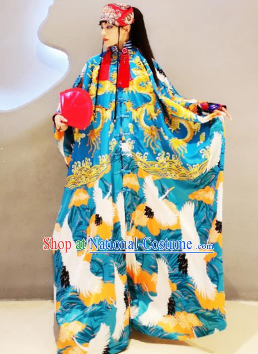 Chinese Traditional National Costume Embroidered Dragon Blue Robe Tang Suit Qipao Dress for Women