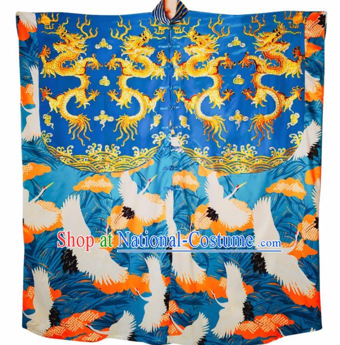 Chinese Traditional National Costume Embroidered Dragon Blue Robe Tang Suit Qipao Dress for Women