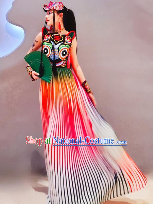 Chinese Traditional National Costume Embroidered Tiger Cheongsam Tang Suit Qipao Dress for Women