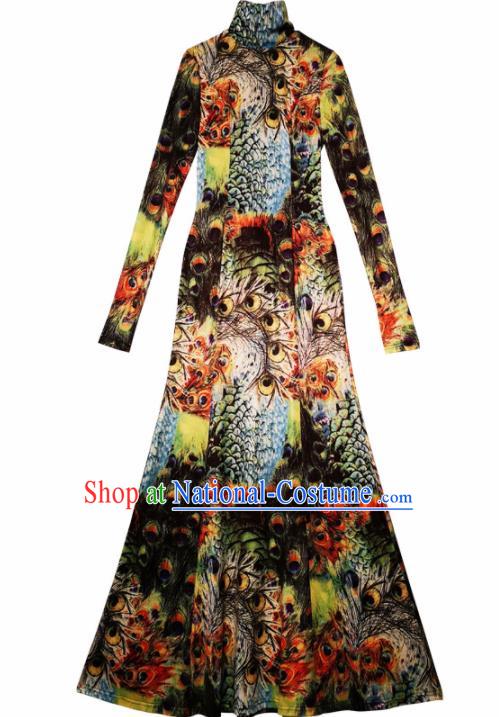 Chinese Traditional National Costume Printing Peacock Cheongsam Tang Suit Qipao Dress for Women