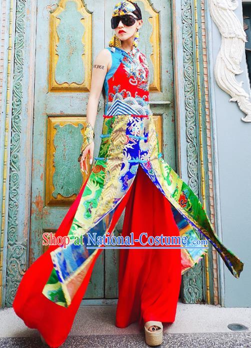 Chinese Traditional Catwalks Costume National Red Brocade Cheongsam Tang Suit Qipao Dress for Women