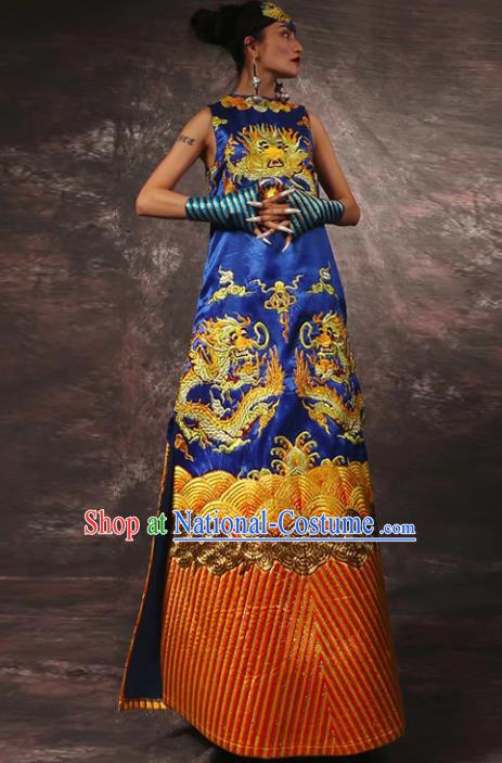 Chinese Traditional Catwalks Costume National Royalblue Brocade Cheongsam Tang Suit Qipao Dress for Women