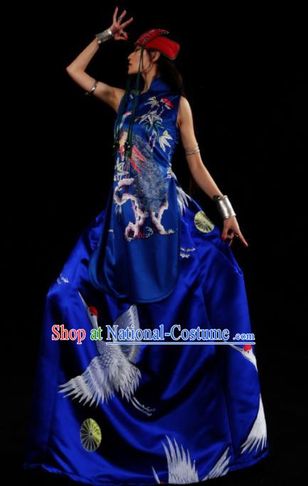 Chinese Traditional Catwalks Costume National Royalblue Brocade Cheongsam Tang Suit Qipao Dress for Women