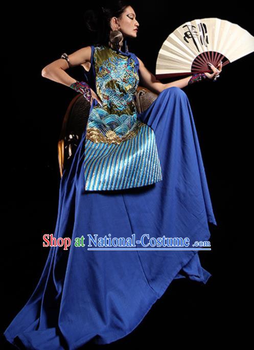 Chinese National Embroidered Blue Cheongsam Traditional Catwalks Costume Tang Suit Qipao Dress for Women