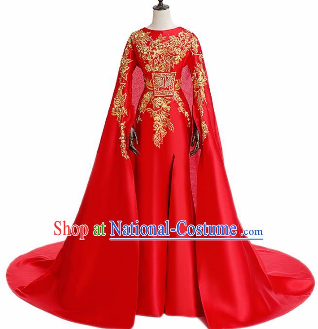 Chinese National Catwalks Embroidered Red Full Dress Traditional Tang Suit Cheongsam for Women