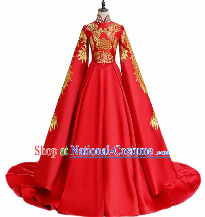 Chinese National Catwalks Wedding Embroidered Red Full Dress Traditional Tang Suit Cheongsam for Women