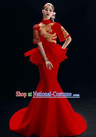 Chinese National Catwalks Embroidered Red Mermaid Cheongsam Traditional Costume Tang Suit Trailing Qipao Dress for Women