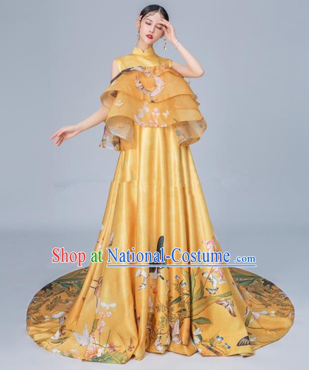 Chinese National Catwalks Printing Flowers Butterfly Golden Trailing Cheongsam Traditional Costume Tang Suit Qipao Dress for Women