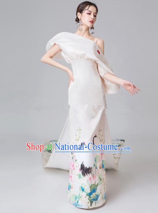 Chinese National Catwalks Printing Crane Lotus White Trailing Cheongsam Traditional Costume Tang Suit Qipao Dress for Women