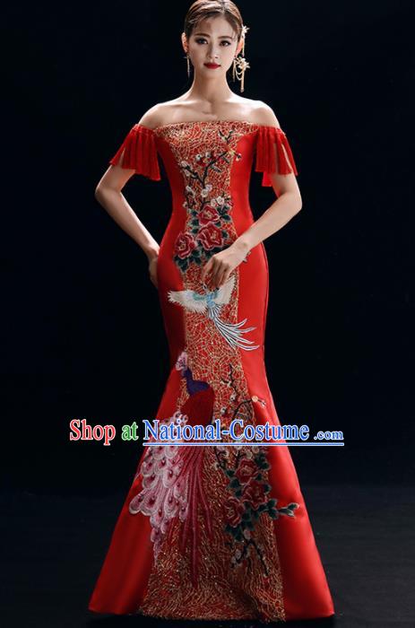 Chinese National Catwalks Embroidered Red Cheongsam Traditional Costume Tang Suit Qipao Dress for Women