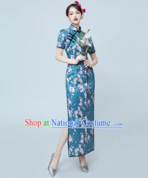 Chinese National Catwalks Blue Silk Cheongsam Traditional Costume Tang Suit Qipao Dress for Women