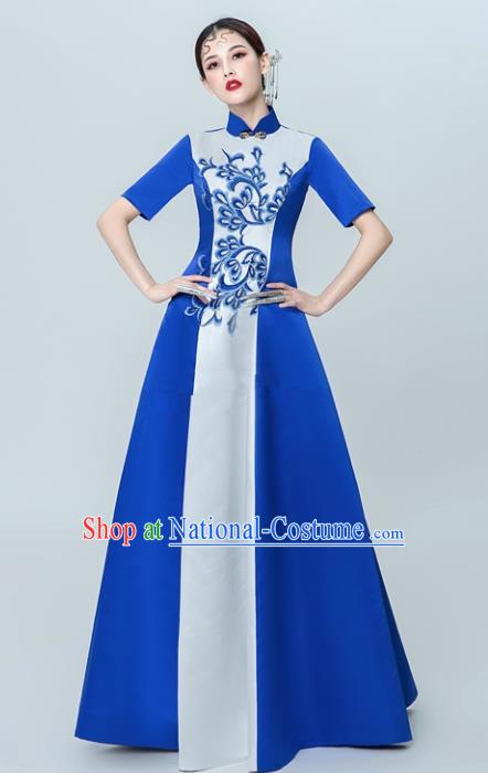 Chinese National Catwalks Blue Cheongsam Traditional Costume Tang Suit Silk Qipao Dress for Women