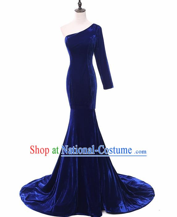 Top Grade Catwalks Chorus Compere Royalblue Velvet Single Shoulder Full Dress Modern Dance Party Costume for Women