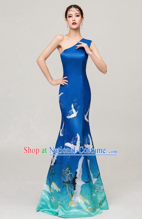 Chinese National Catwalks Printing Cranes Blue Fishtail Cheongsam Traditional Costume Tang Suit Qipao Dress for Women