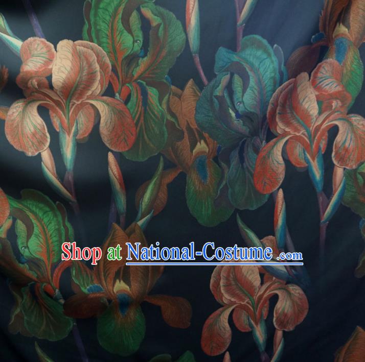 Asian Chinese Traditional Flowers Pattern Design Navy Watered Gauze Cheongsam Silk Fabric Chinese Fabric Material