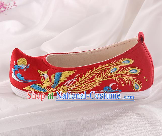 Chinese Traditional Hanfu Red Shoes Embroidered Phoenix Shoes Handmade Ancient Princess Shoes for Women