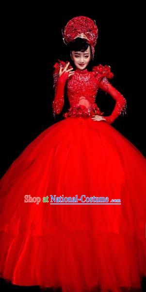 Handmade Europe Court Modern Fancywork Stage Show Red Full Dress Halloween Cosplay Queen Fancy Ball Costume for Women