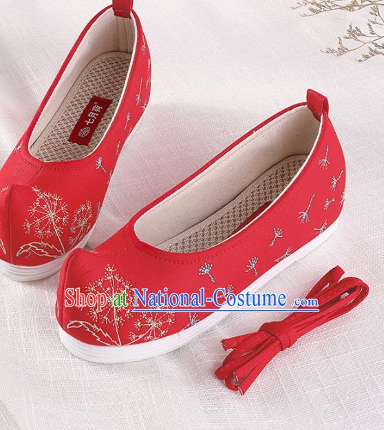 Chinese Traditional Hanfu Cloth Shoes Embroidered Dandelion Red Shoes Handmade Ancient Princess Shoes for Women