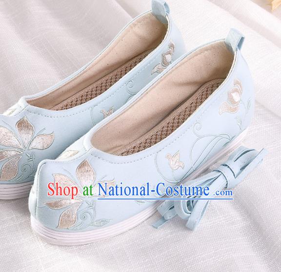 Chinese Traditional Embroidered Twine Lotus Blue Shoes Hanfu Cloth Shoes Handmade Ancient Princess Shoes for Women