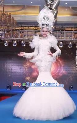 Handmade Europe Court Stage Show White Veil Full Dress Halloween Cosplay Queen Fancy Ball Modern Fancywork Costume for Women