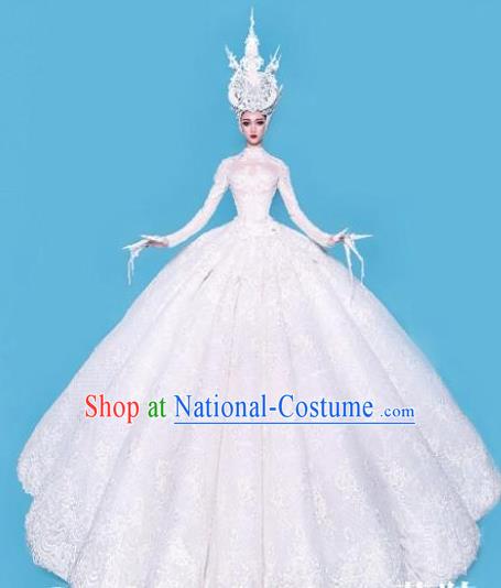 Handmade Europe Court Princess Stage Show White Full Dress Halloween Cosplay Fancy Ball Modern Fancywork Costume for Women