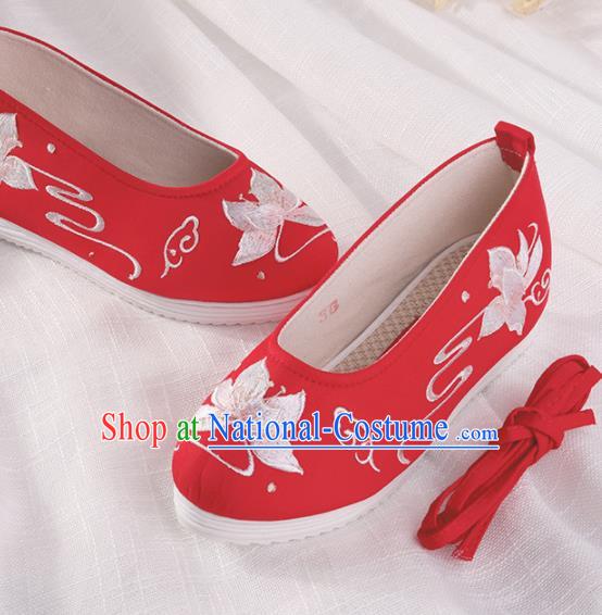 Chinese Traditional Embroidered Lotus Red Shoes Hanfu Cloth Shoes Handmade Ancient Princess Shoes for Women