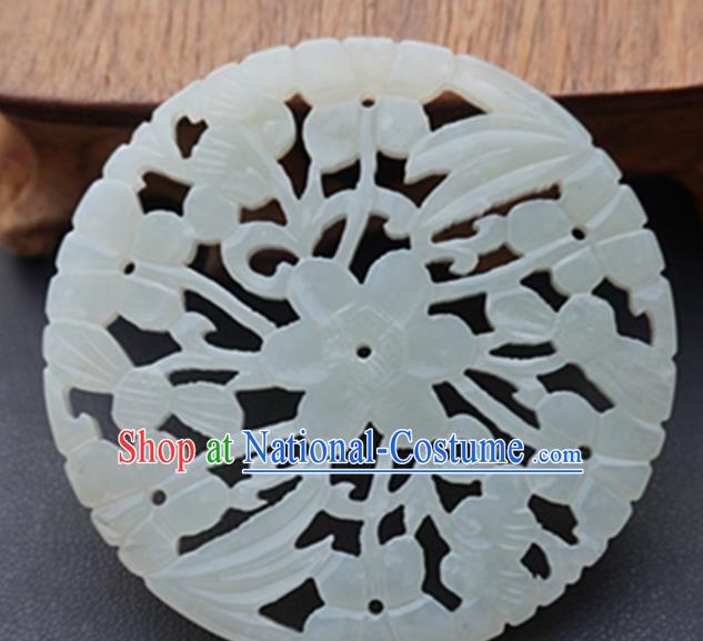 Handmade Chinese Jade Carving Flowers Round Pendant Traditional Jade Craft Jewelry Accessories