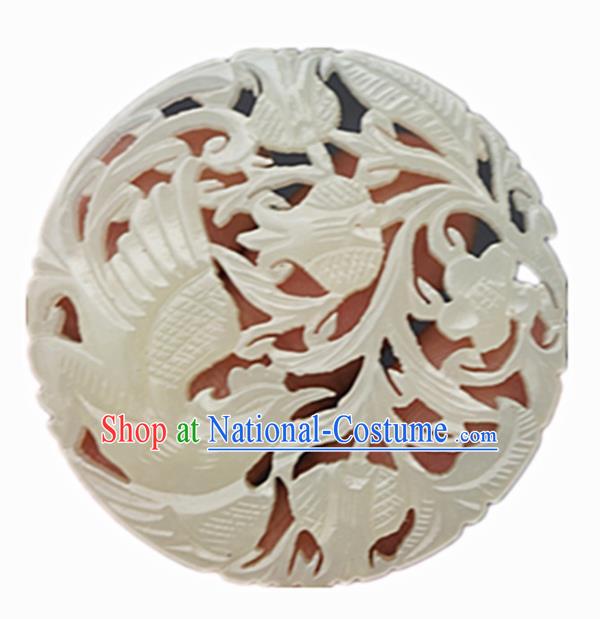 Handmade Chinese Jade Carving Phoenix Round Pendant Traditional Jade Craft Jewelry Accessories