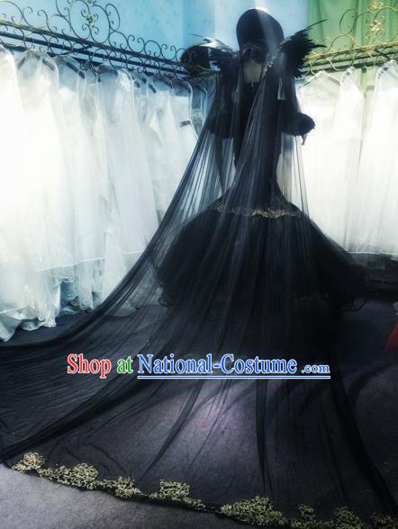 Handmade Europe Court Princess Stage Show Black Veil Trailing Full Dress Halloween Cosplay Fancy Ball Modern Fancywork Costume for Women