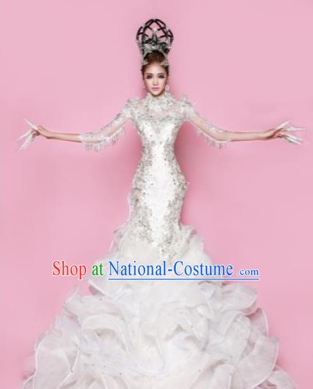 Handmade Modern Fancywork Stage Show Court White Fishtail Dress Halloween Cosplay Queen Fancy Ball Costume for Women