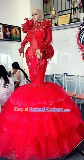 Handmade Europe Court Stage Show Red Fishtail Dress Halloween Cosplay Fancy Ball Modern Fancywork Costume for Women