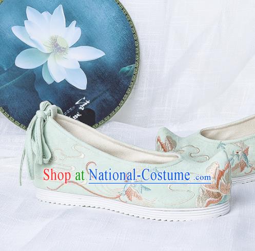 Chinese Traditional Embroidered Phoenix Peony Green Shoes Hanfu Cloth Shoes Handmade Ancient Princess Shoes for Women