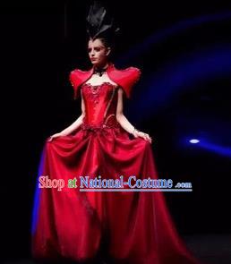 Handmade Europe Court Stage Show Red Trailing Dress Halloween Cosplay Fancy Ball Modern Fancywork Costume for Women