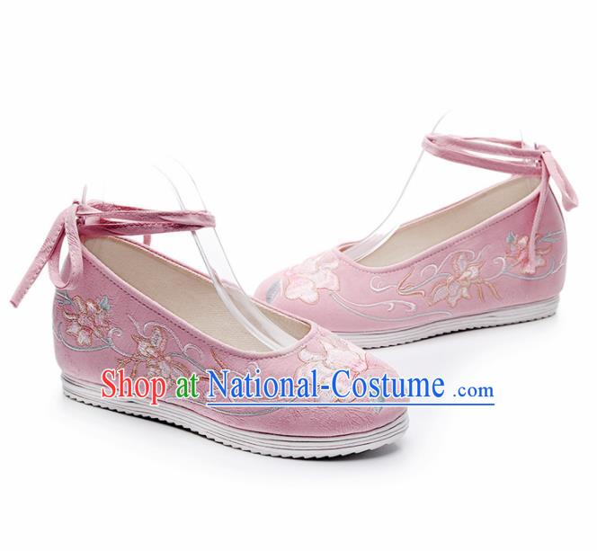 Chinese Traditional Embroidered Flowers Pink Shoes Hanfu Cloth Shoes Handmade Ancient Princess Shoes for Women