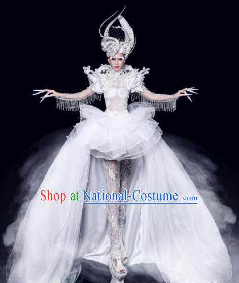 Handmade Modern Fancywork Stage Show Court White Trailing Dress Halloween Cosplay Queen Fancy Ball Costume for Women