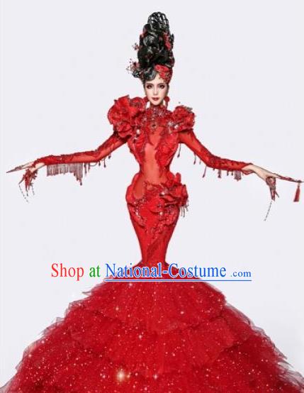 Handmade Modern Fancywork Stage Show Court Red Veil Full Dress Halloween Cosplay Queen Fancy Ball Costume for Women