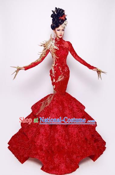 Handmade Modern Fancywork Stage Show Court Red Fishtail Full Dress Halloween Cosplay Queen Fancy Ball Costume for Women