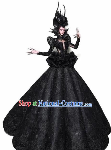 Handmade Modern Fancywork Stage Show Witch Black Full Dress Halloween Cosplay Queen Fancy Ball Costume for Women