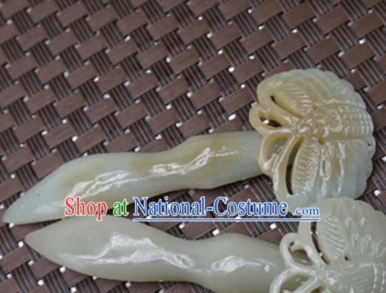 Chinese Handmade White Jade Carving Butterfly Hair Clip Ancient Jade Hairpins Hair Accessories for Women for Men