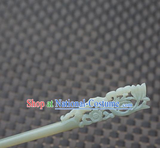 Chinese Handmade White Jade Carving Flower Hair Clip Ancient Jade Hairpins Hair Accessories for Women for Men