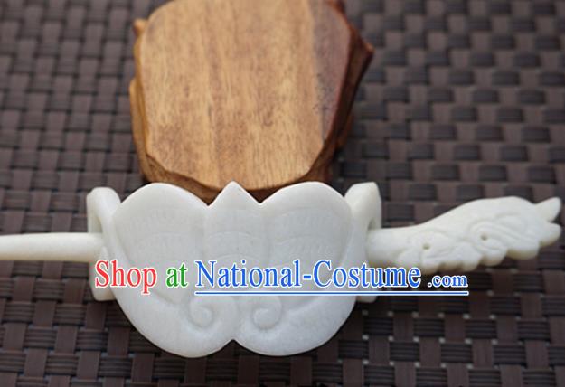 Chinese Handmade White Jade Carving Bat Hairdo Crown Ancient Jade Hairpins Hair Accessories for Women for Men